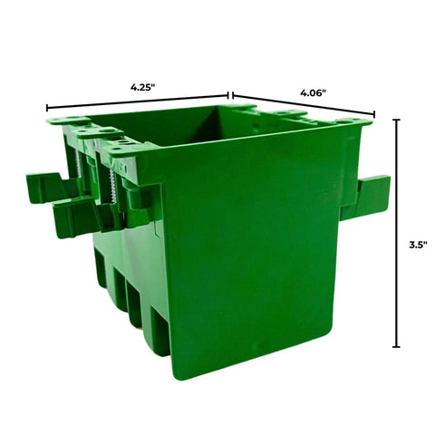 Side view of Old Work BaseBox Expandable Double Gang PVC Electrical Box With 8 Knockouts And 4 Wings, 32 Cu In Capacity, green color.