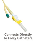 Front close-up of Ximter Comfort Flow Foley catheter valve with yellow lever and white tubing