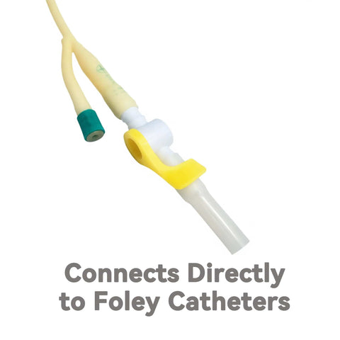 Front close-up of Ximter Comfort Flow Foley catheter valve with yellow lever and white tubing