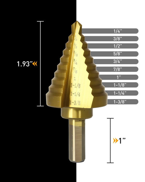 Amazon COMOWARE step drill bit for metal, titanium-coated HSS, gold finish, 10 sizes 1/4–1-3/8 in