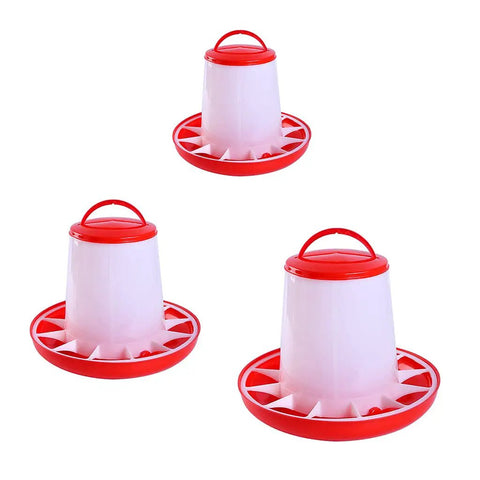 Heavy Duty Plastic Hanging Chicken Feeder For Coop No Nonsense Design Quick Assembly Automatic Poultry Feed Dispenser with three feeders.