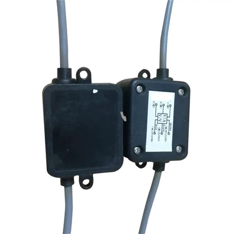 Close-up of a dual-joint linear position sensor with eye rod, showing casing and wiring for CNC routers and milling machines.