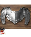 Gothic Steel Gorget With Pauldrons Shoulder Guard Set For LARP And SCA Knights on wood background