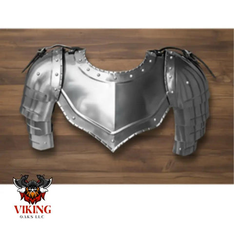 Gothic Steel Gorget With Pauldrons Shoulder Guard Set For LARP And SCA Knights on wood background