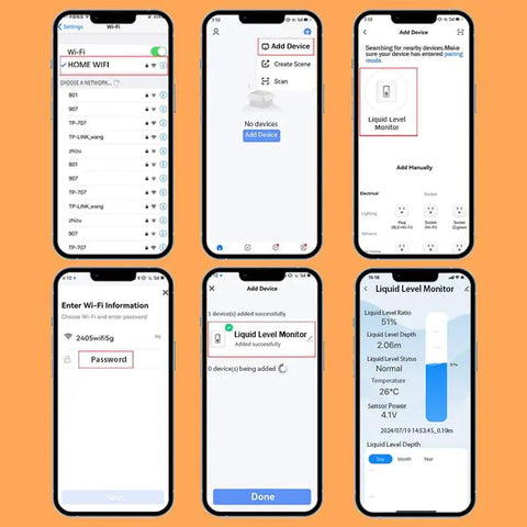 Smart WiFi Water Level Sensor For Tanks And Oil Tanks app interface on multiple phone screens