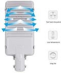 JUDYSSY 100W Solar Street Light back view showing heat dissipation design and low temperature features, outdoor aluminum wall lamp.