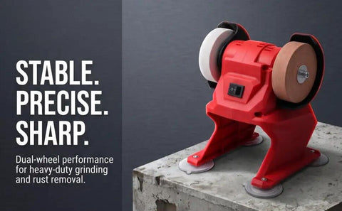 Heavy Duty Badass Mini Bench Grinder Featuring Dual 70 Mm Wheels Kicking Out 5500 Rpm For Rad Metal Shaping And Deburring Using Any 18V Battery Pack For Your Workshop on a work surface.
