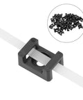Heavy Duty Black Plastic Saddle Cable Tie Clips With Screw Fixing 100 Piece Kit For Hassle Free Wire Management And Top Shelf Secure Cord Organization showing a white cable and black clip.