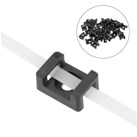 Heavy Duty Black Plastic Saddle Cable Tie Clips With Screw Fixing 100 Piece Kit For Hassle Free Wire Management And Top Shelf Secure Cord Organization showing a white cable and black clip.
