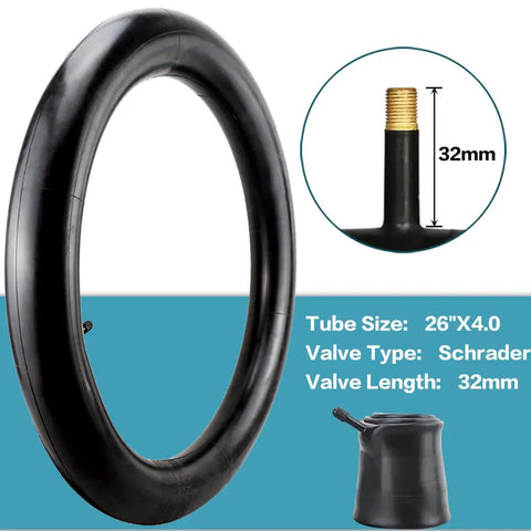26x4.0 Inch Beefy Fat Bike Tire And Tube For Electric Bikes Foldable Replacement Tire All Terrain Mountain Snow Urban City Street Road Bicycle Anti Puncture Layer Durable Nylon And Rubber Construction, 26x4.0 tube with 32mm Schrader valve