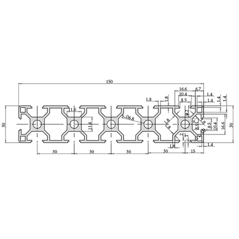 Straight Up Heavy Duty 30150 Aluminum Extrusion T Slot Profile 30 X 150 Mm 1340 Mm Long Black Anodized 30 Series European Standard Linear Rail dimensions illustration