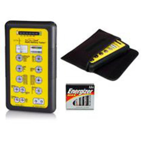 Multi Battery Tester For Quick No Fuss Battery Health Checks With Pulse Load Test Instantly Spot Weak Or Failing Cells No Setup Or Switches Perfect Tool For Battery Management And Accurate Cell Matching., compact plastic battery tester with case and AA battery