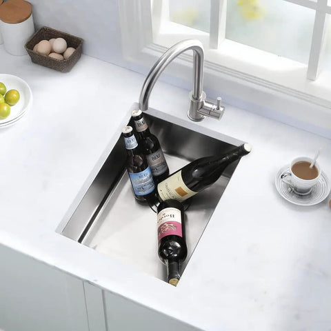 12 Inch Bar Sink Undermount For Small Kitchens And RVs 16 Gauge Stainless Steel Single Bowl Wet Bar Sink With Bottom Grid And Drain Assembly Compact Undermount Kitchen Sink For Outdoor Kitchens with bottles inside