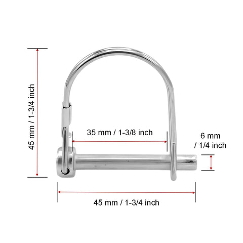 Beefy Built Tough Heavy Duty Safety Coupler Hitch Pin 1/4 X 1-3/4 Inch Zinc Plated, made from high-strength spring steel, front view with dimensions.