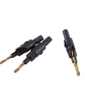 Premium HSS Coated Chamfer Drill Bit Set Packed With Five Countersink Assortments showing gold drill bits with black shanks.
