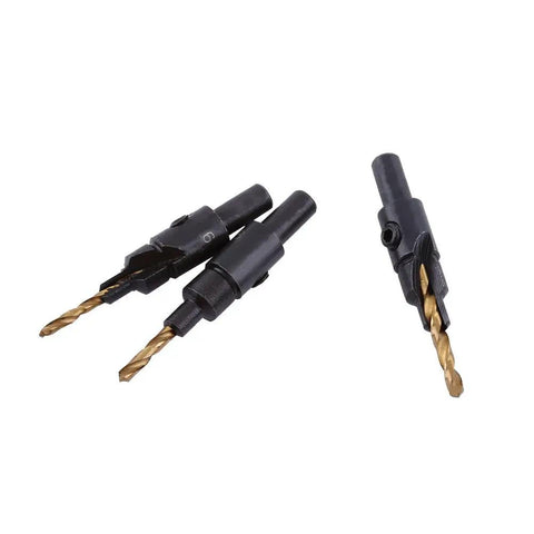 Premium HSS Coated Chamfer Drill Bit Set Packed With Five Countersink Assortments showing gold drill bits with black shanks.