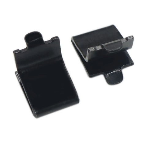Adjustable Heavy Duty Steel Pilaster Shelf Clips, Quick No Sweat Snap Install Brackets For Wood And Metal Storage Systems, Rock Solid Matte Black 23 Gauge Pack Of 20 - close-up view of two clips.