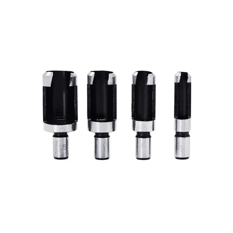 Kickass Eight Piece Wood Plug Cutter Drill Bit Set Made From Heavy Duty Carbon Steel And Titanium Coating For Slick Woodworking Chamfer Jobs features multiple cutting heads.
