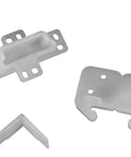 Heavy Duty Camper Drawer Repair Kit With Smooth Glide Replacement Slides rear socket bracket and sturdy corner pieces displayed on white background.