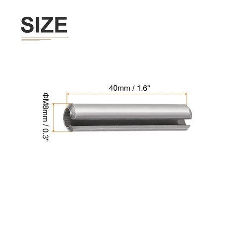8mm By 40mm Slotted Spring Pin 10 Pack Stainless Steel 304 Dowel Roll Pin shown with dimensions