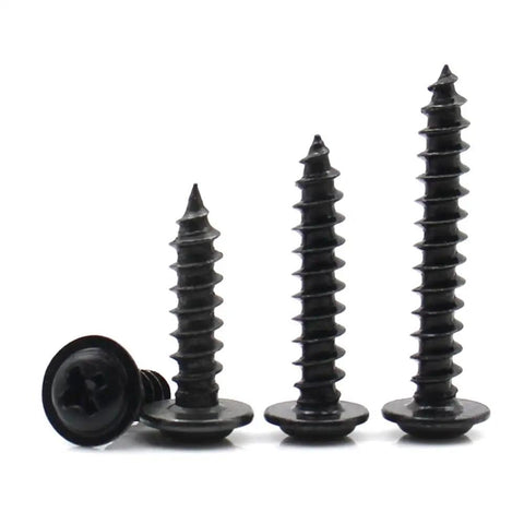Black Carbon Steel Cross Self Tapping Wood Screws With Washer Set M1.2 To M3, four screws displayed, front view