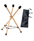 Versatile Portable Adjustable Wooden Handpan Drum Stand With Slick Travel Storage Bag showing tripod design and travel bag.