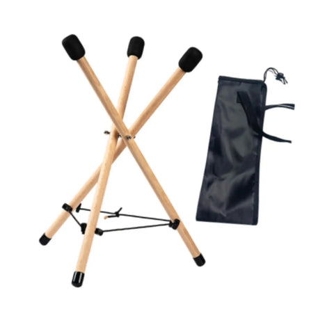 Versatile Portable Adjustable Wooden Handpan Drum Stand With Slick Travel Storage Bag showing tripod design and travel bag.