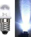 10 Pack 6V E10 Mini Led Bulbs Featuring E10 Wedge Base For No Sweat Plug And Play Install Killer For Diy Circuit Testing Home Electrical Rigs And Sweet Vintage Fixture Upgrades In Crisp White, showing bulb front and light beam.