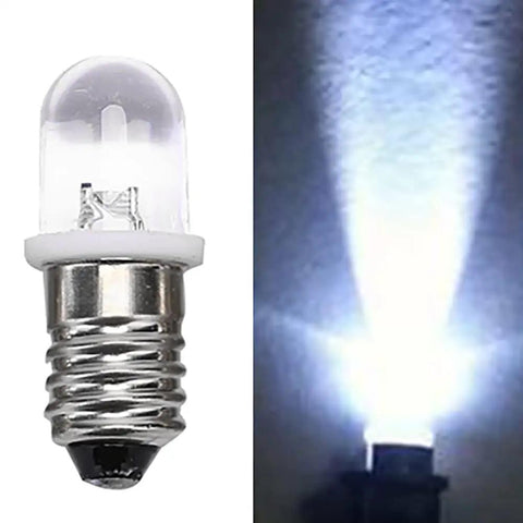 10 Pack 6V E10 Mini Led Bulbs Featuring E10 Wedge Base For No Sweat Plug And Play Install Killer For Diy Circuit Testing Home Electrical Rigs And Sweet Vintage Fixture Upgrades In Crisp White, showing bulb front and light beam.