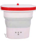 Pink 6 Liter Mini Foldable Washing Machine With Negative Ion Tech Lightweight Portable Clothes Cleaner with red lid.