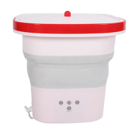 Pink 6 Liter Mini Foldable Washing Machine With Negative Ion Tech Lightweight Portable Clothes Cleaner with red lid.