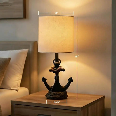 Anchor Resin Accent Lamp With Easy On Off Push Through Switch In Coastal Navy Finish For That Chill Nautical Vibe on nightstand.