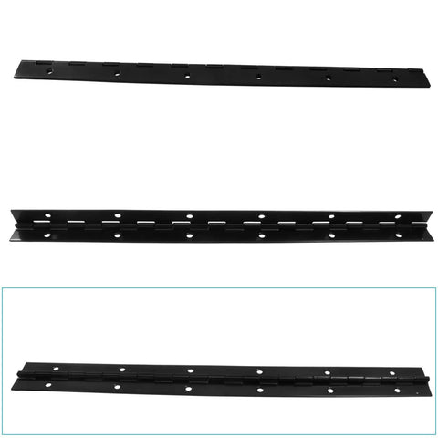 Pro Grade 12 Inch Heavy Duty Piano Hinges Two Pack Black Steel Continuous Cabinet Hardware With 24 Mounting Screws side view showing hinge details.