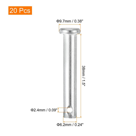 Side view of 20 Pack 0.25 Inch By 1.5 Inch Single Hole Clevis Pins Flat Head Carbon Steel Pro Grade Heavy Duty