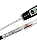 Black Gourmet Digital Meat Thermometer with extra-long probe showing 165°F, NSF certified, precision cooking tool with sheath.