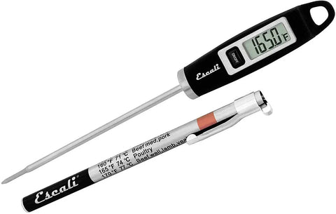 Black Gourmet Digital Meat Thermometer with extra-long probe showing 165°F, NSF certified, precision cooking tool with sheath.