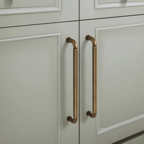 Six Pack Antique Brass Zinc Alloy Cabinet Pulls With 5 Inch Hole Center 5.5 Inch Total Length 128mm Center To Center Kitchen Drawer Handles Includes M4 Screws Model 2201 GT 128 Durable Finish For Everyday Use installed on cabinets