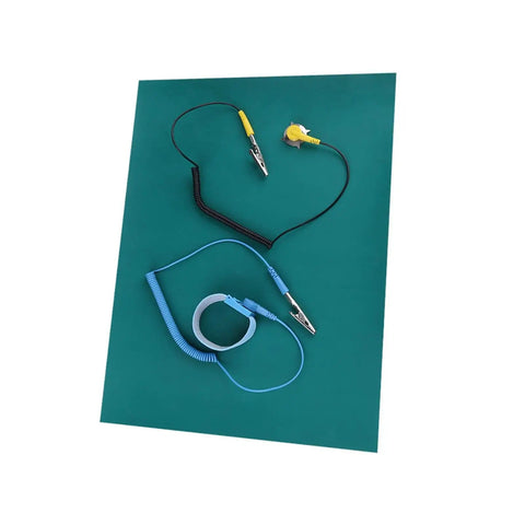 Anti Static Wrist Strap With Grounding Wire And ESD Mat Set For Phone Repair, Computer And Electronics Workstations displayed on a desk