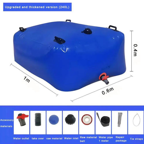 Must Have Foldable PVC Water Tank 240L Portable Water Storage Bladder For Camping RV Emergency Water Outdoor Flexible Rainwater Bag With Drain Valve High Temp Sealed Construction 1x0.6x0.4m visual depiction with size dimensions