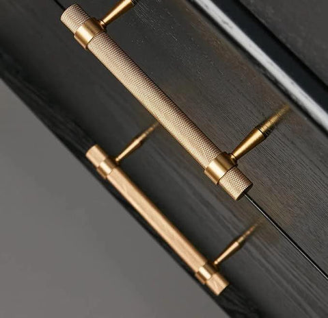 2 Pack Solid Brass Cabinet Pulls 5 Inch Hole Centers Gold Knurled Textured Bar Handles Installed on Dark Cabinets