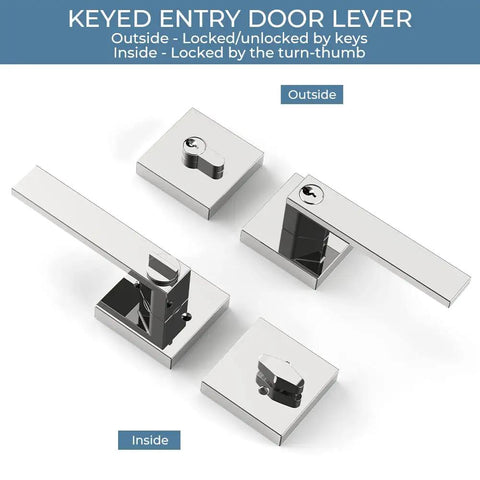 Two Pack Keyed Entry Lever and Deadbolt Lockset With Polished Chrome Finish shown open from both outside and inside