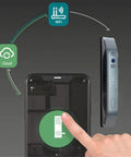 Heavy Duty Smart Door Lock Boasting Fingerprint Recognition App Control Set Password And IC Card Access For Seamless Auto Unlock with mobile app interface.