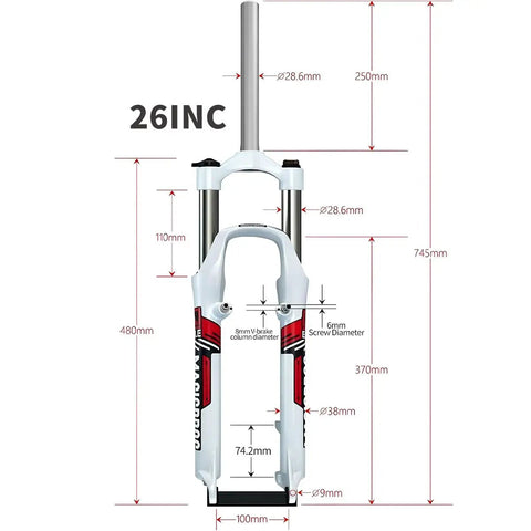 26 Inch Mountain Bike Front Suspension Fork Ride-Ready 100mm Travel, Mechanical Lockout, 9mm Quick Release, dimensions labeled.