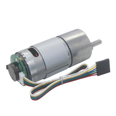 Heavy Duty Gear Motor With Encoder, metal reversible reducer, 24V DC, high torque, 270 to 1 reduction, shown with attached wires