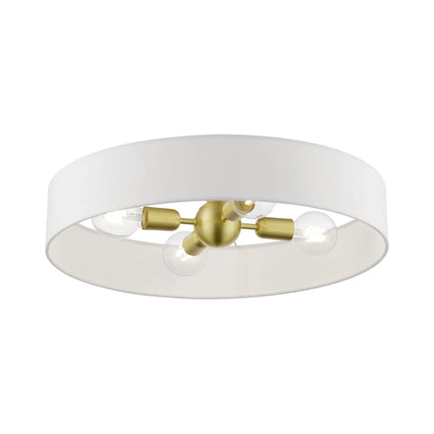 4 Light Brushed Nickel Semi Flush Mount Ceiling Fixture With Off White Fabric Hardback Shade, Venlo Collection, bulbs inside view