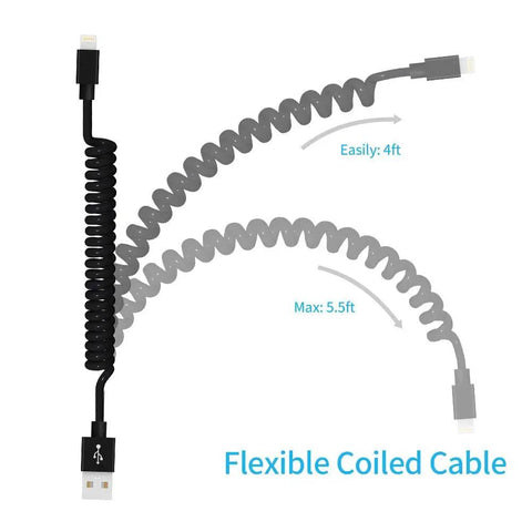 Road Ready MFi Certified Dual Port Car Charger Adapter With Snappy Coiled Cord delivers swift 4.8 amp output cable length 4ft to 5.5ft.