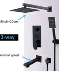 UMJIGF Led Digital Display Shower System Wall Mounted Concealed Shower Faucet Set Multifunction Matte Black Shower Combo Set with Shower Head, Handheld Shower, Tub Spout, 8 Inch, 3-way valve shown with black fixtures.