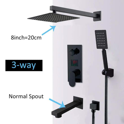 UMJIGF Led Digital Display Shower System Wall Mounted Concealed Shower Faucet Set Multifunction Matte Black Shower Combo Set with Shower Head, Handheld Shower, Tub Spout, 8 Inch, 3-way valve shown with black fixtures.