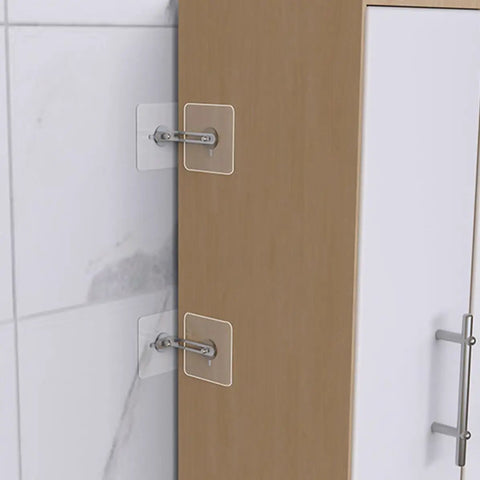 4 Piece Furniture Anti Tip Kit With Adhesive Wall Anchors For Home Use No Fuss Install Sturdy Stainless Steel And Acrylic Materials To Secure TVs And Heavy Furniture From Tip Overs; cabinet shown