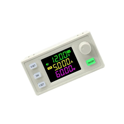 Front view of DC Boost Buck Converter Module With Adjustable Voltage And Current Regulator, LCD display showing voltage and current